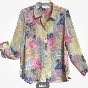 Rose & Olive Women Size M Blouse Top Button Front Floral Pink Blue Yellow Beige